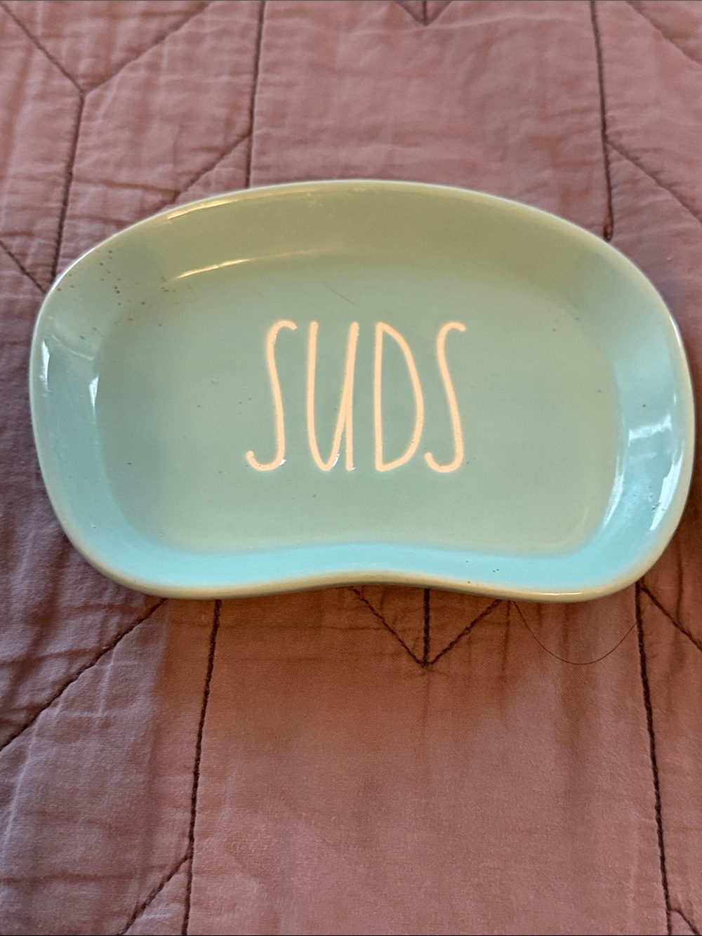 Rae Dunn teal Ceramic Soap Dish with SUDS Lettering